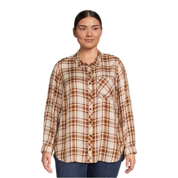 Women's Plus Size Button Woven Plaid Button Down Top Shirt Size 1X - Picture 4 of 6
